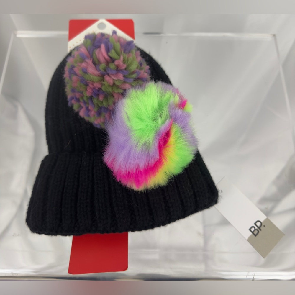 bp Kids Black Knit Beanie with Colorful Changeable PomPom’s O/S (4-12yr)   NWT